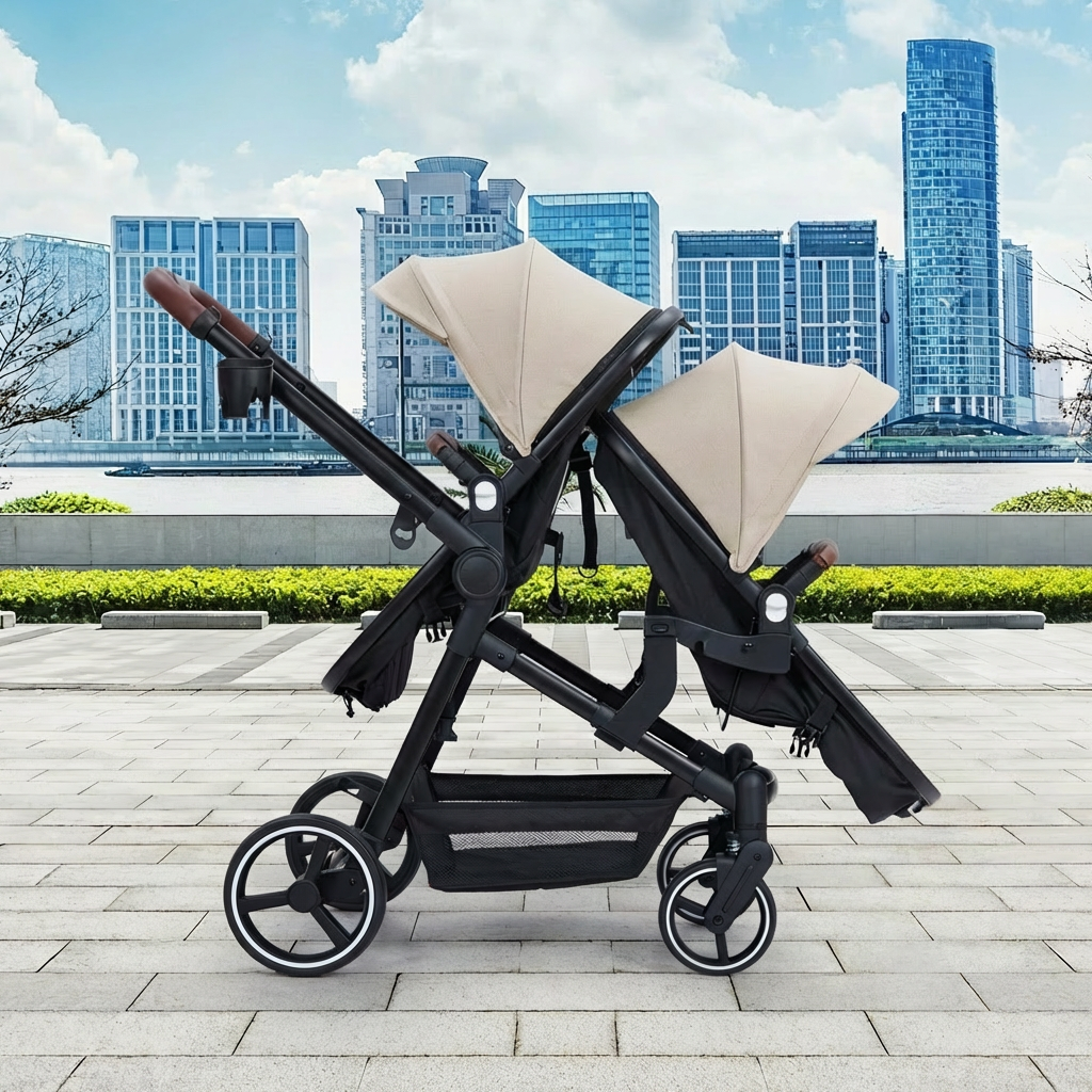 Garvee Foldable Double Baby Stroller in Multi-Position Reversible Design with Adjustable Backrest, Storage Basket and Canopy for Infant and Toddler, Beige