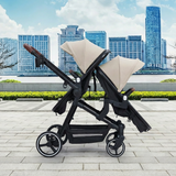 Garvee Foldable Double Baby Stroller in Multi-Position Reversible Design with Adjustable Backrest, Storage Basket and Canopy for Infant and Toddler, Beige - Beige