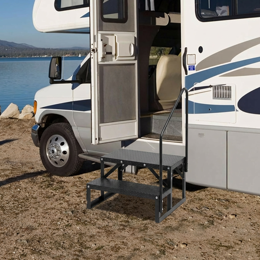 Garvee 2 Step RV Steps with Handrail, 660 Lbs Heavy-Duty Camper Entry Stairs, Anti-Slip Portable Steps for Travel Trailers,Mobile Home,Outdoor Camping with Non Slip Assist Handrail