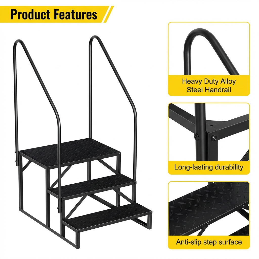 Garvee 3 Step RV Steps with Handrail, 660 Lbs Heavy-Duty Camper Entry Stairs, Anti-Slip Portable Steps for Travel Trailers,Mobile Home,Outdoor Camping with Non Slip Assist Handrail