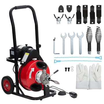 Garvee Auto Feed 100 FT x 3/8 Inch Drain Cleaner Machine with 250W Motor, Portable Sewer Snake Auger with 8 Cutters & Air-Activated Foot Switch, Fits 1" to 4" Pipes, Black & Red