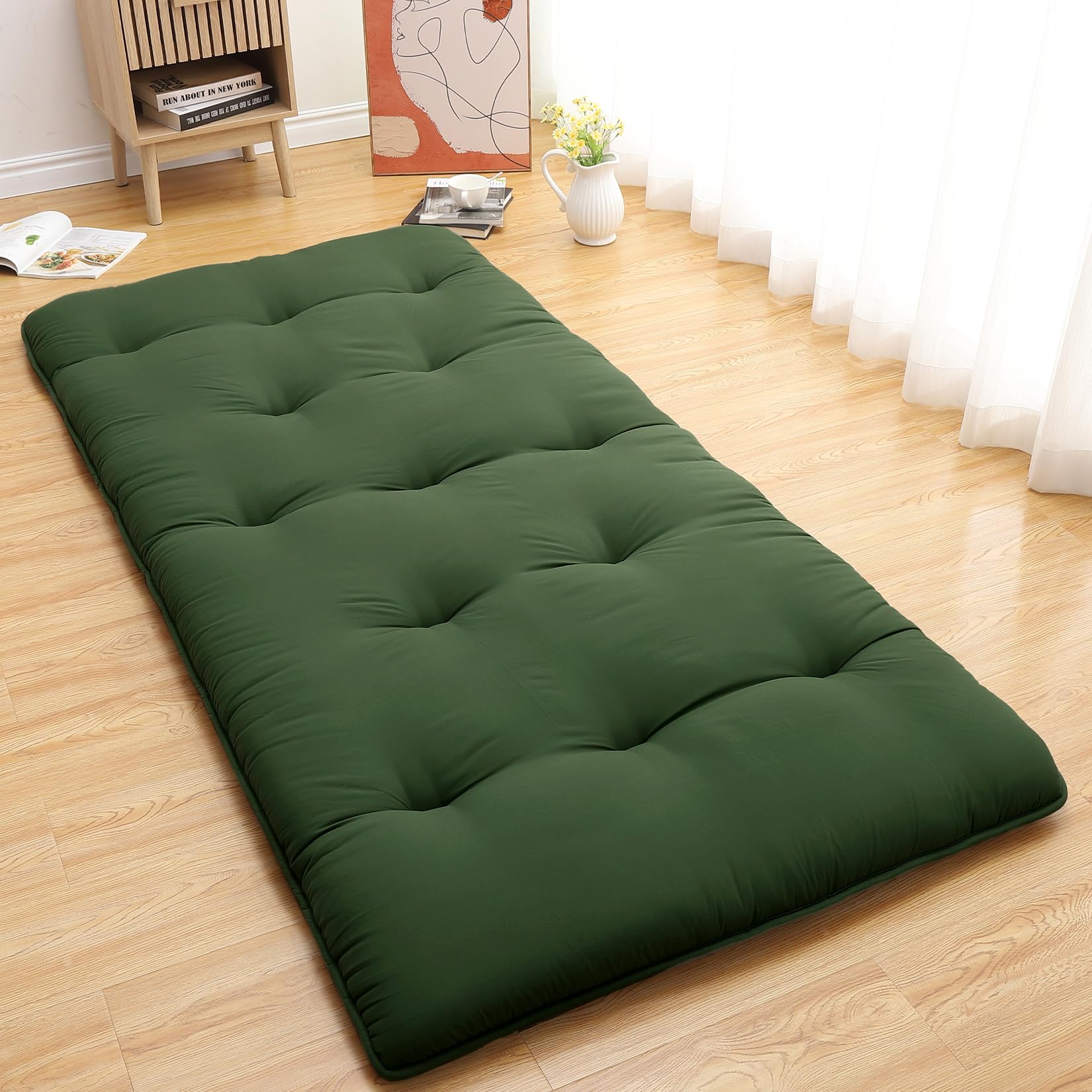 Garvee Japanese Futon Floor Mattress, Twin Size Futon Mattress Foldable Floor Bed Mattress, Roll Up Portable Sleeping Floor Mattress, Tatami Mat Kids Floor Play Mat, Army Green