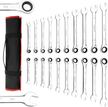 Garvee 20-Piece Ratcheting Combination Wrench Set, Fixed Head &72 Teeth, SAE 1/4-3/4"& Metric 6-19mm, Chrome Vanadium Steel with Storage Bag - 20-Piece Fixed Head SAE/Metric