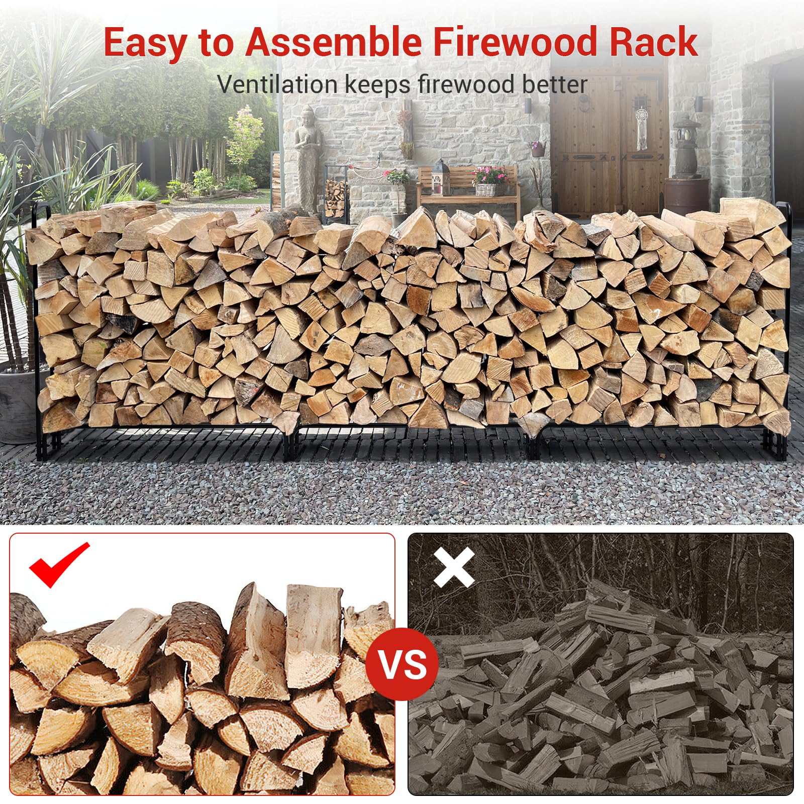 Garvee 12.5FT Heavy Duty Outdoor Firewood Rack with Waterproof 600D Oxford Cover, 1320 lbs Capacity 3/4 Cord Wood Log Holder for Patio Backyards, Black