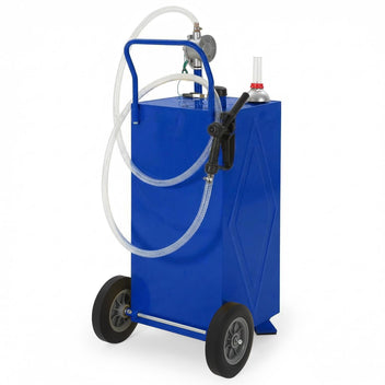 Garvee 35 Gallon Portable Fuel Gas Caddy Storage Tank – Reinforced 2-Wheel, 2-Support Design, Manual Rotary Pump, Vented Cap, Level Gauge, Fuel Hose – Gasoline/Fuel Transfer for ATV, Tractor, Mower, Car, Boat – Reinforced 2-wheel, 2-support version - Blue