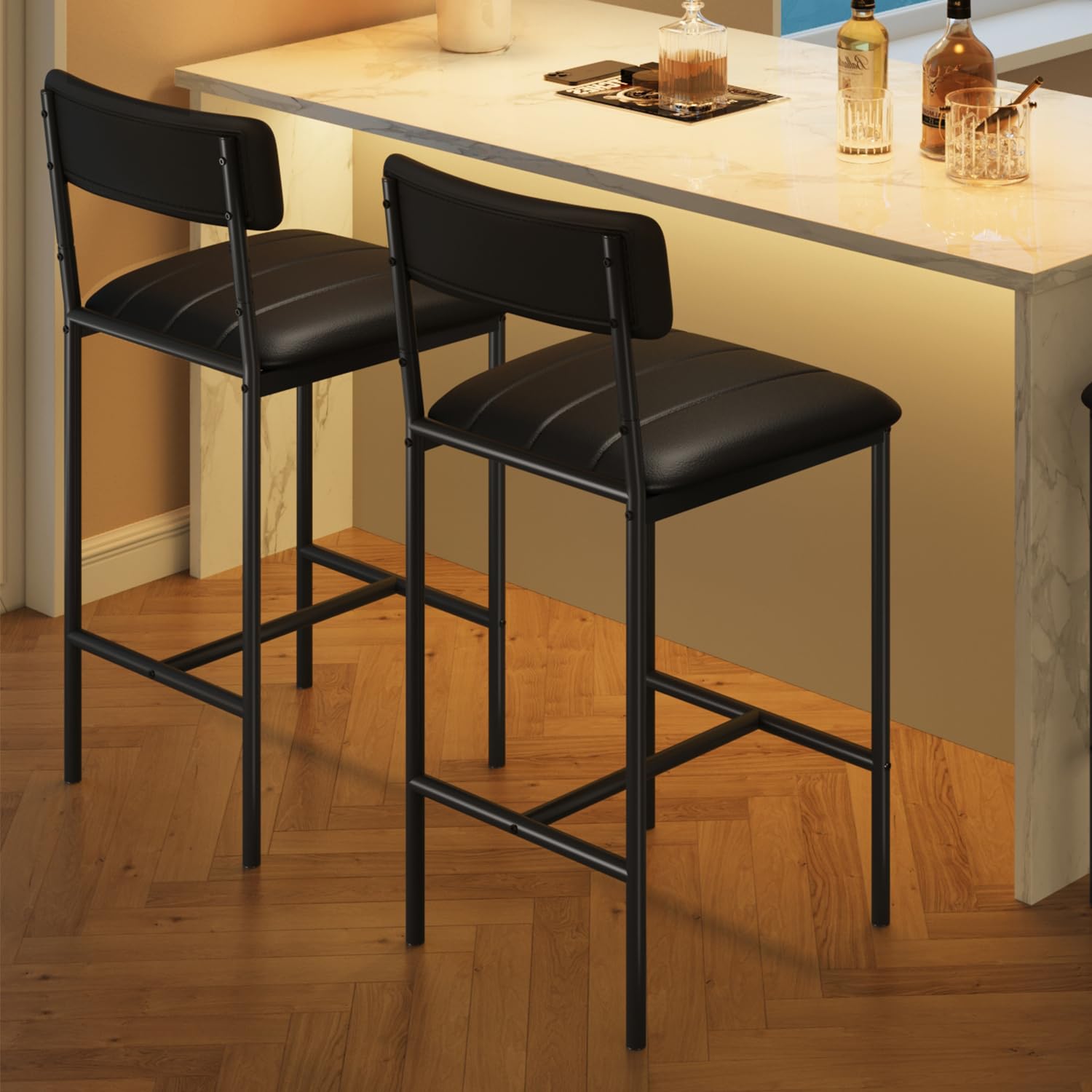 Garvee Counter Height Bar Stools Set of 2, Classic Barstools with PU Leather, Footrest, Ergonomic Soft Backrest, Easy Assembly, Ideal for Kitchen Island, Black