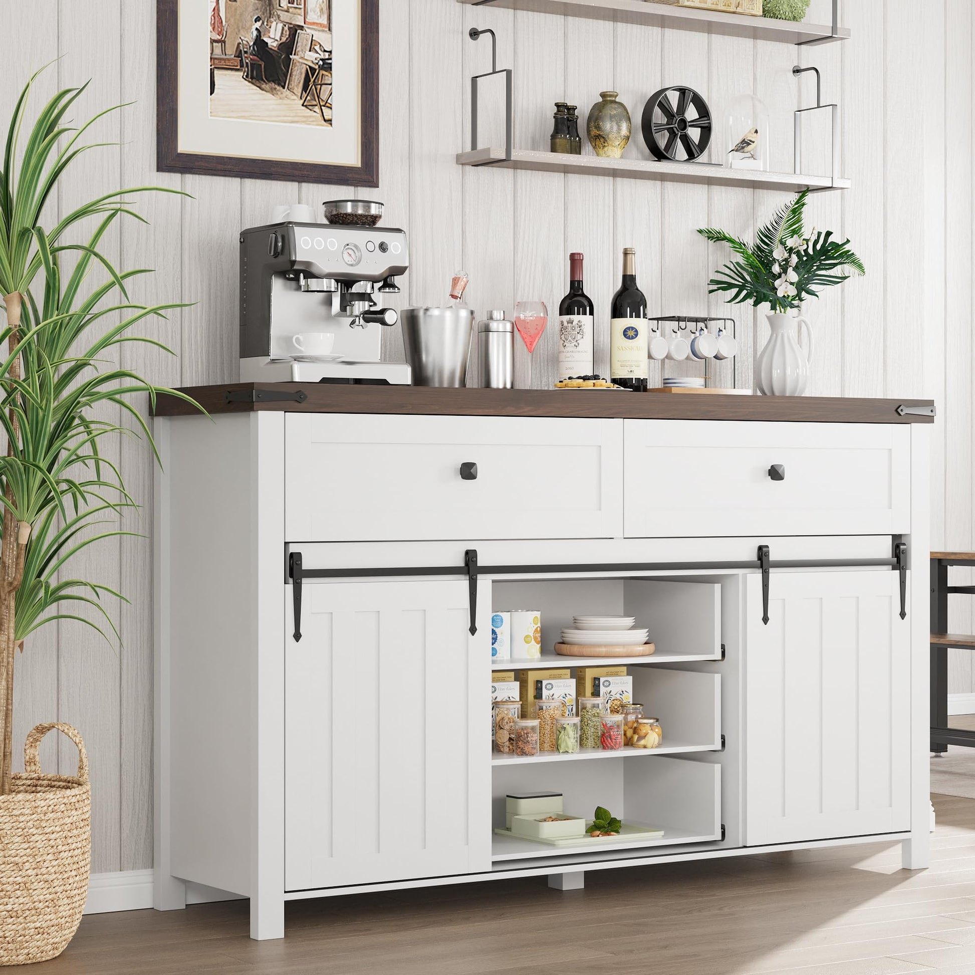 Garvee Farmhouse Buffet Cabinet, Kitchen Sideboard with Sliding Barn Doors, 5 Drawers, Wooden Storage Cabinet, Coffee Bar Station for Kitchen, Living Room, Dining Room, White
