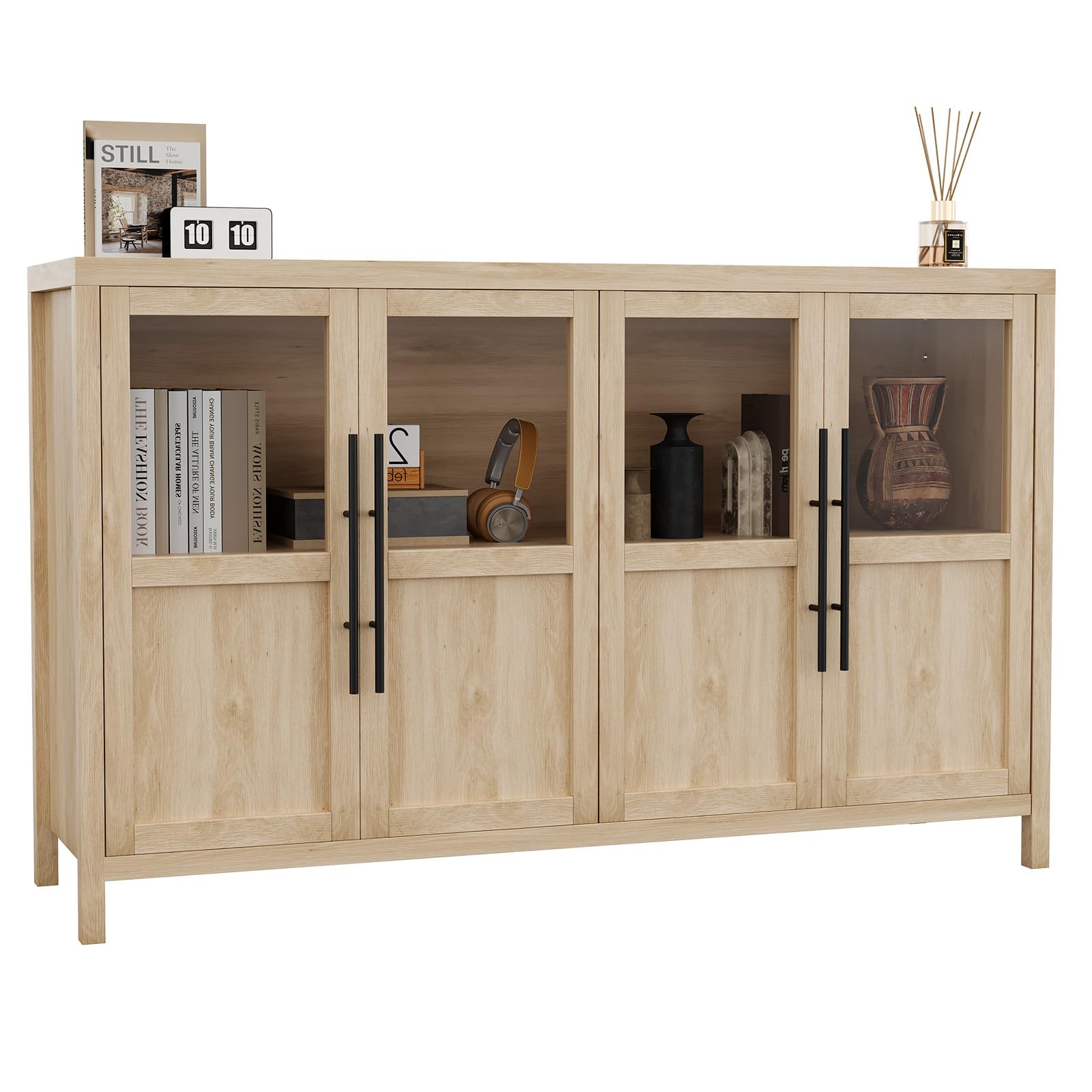 Garvee Sideboard Buffet Cabinet with 4 Glass Doors, 55" Large Buffet Cabinet with Storage, Modern Farmhouse Storage Cabinet Table for Kitchen Dining Room, Living Room, Natural