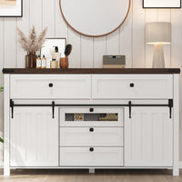Garvee Farmhouse Buffet Cabinet, Kitchen Sideboard with Sliding Barn Doors, 5 Drawers, Wooden Storage Cabinet, Coffee Bar Station for Kitchen, Living Room, Dining Room, White