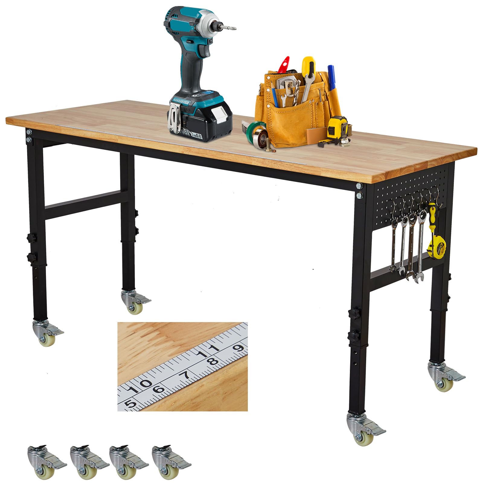 Garvee 48" Adjustable Workbench Heavy Duty Rubber Wood Work Table with Wheels & Pegboard for Garage Workshop 29-40" Height Adjustable Black