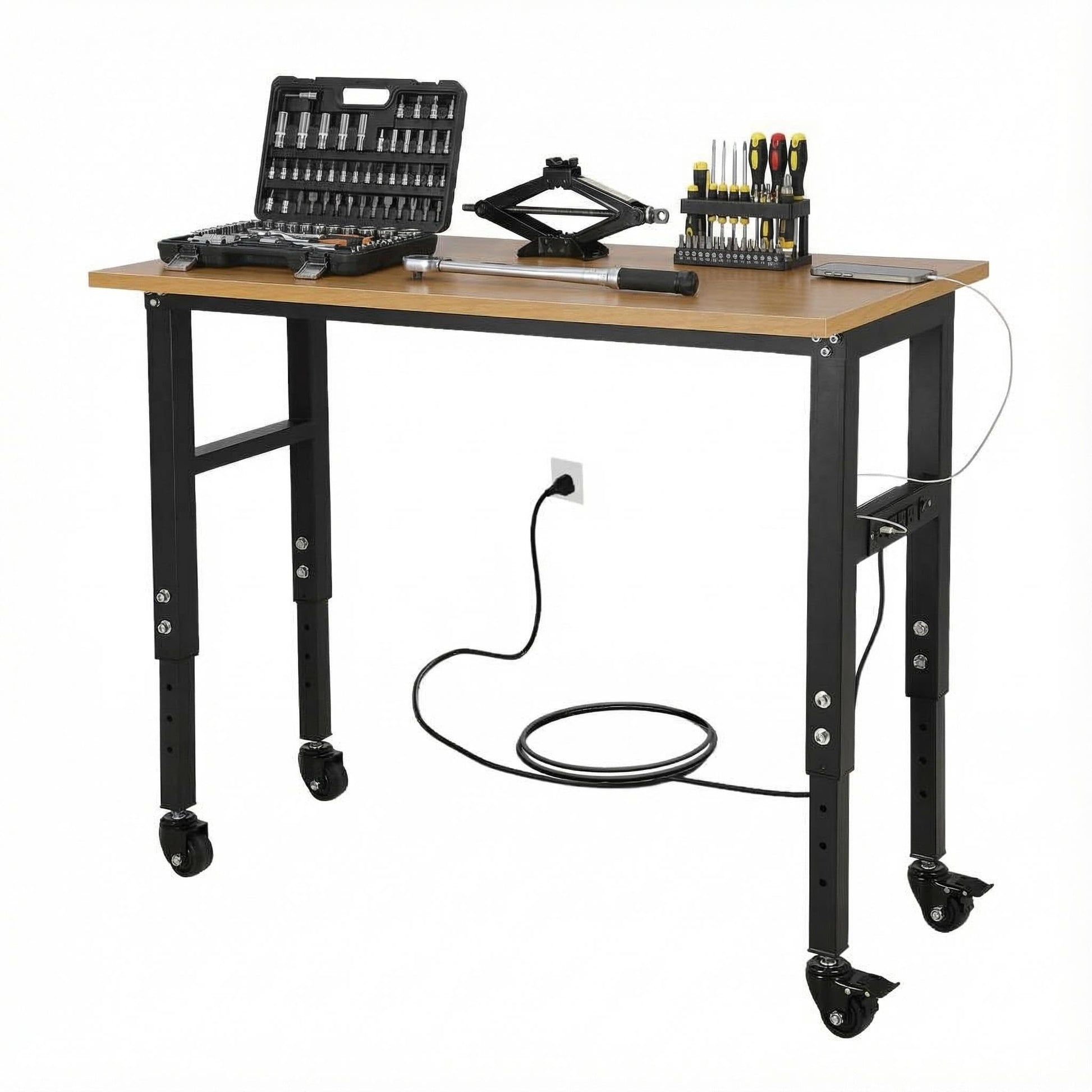 Garvee 48x24 Inch Adjustable Workbench - Heavy-Duty Work Table with Wheels, 5 Power Outlets, 2500 lbs Capacity, Metal Frame, and Wood Top for Garage, Home, and Office