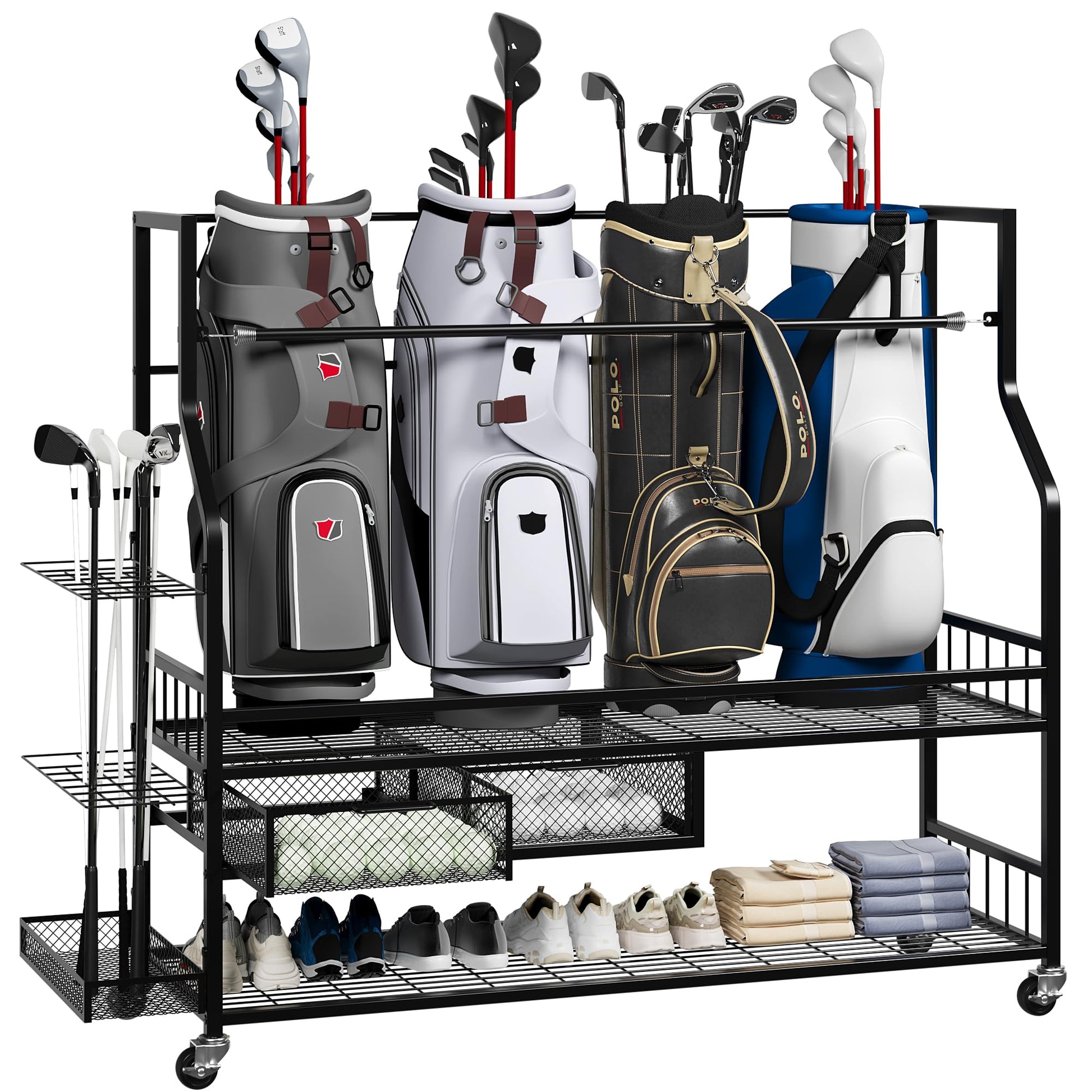 Garvee Golf Bag Storage Garage Organizer,Golf Bag Storage Rack w/Drawer for Golfing Bags, Clubs, Balls, Gadgets, Accessories & Equipment,Golf Bag Stand w/Wheels for Home, Golf Course