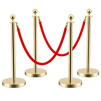 Garvee 4 Pcs Gold Stanchions Posts, Stainless Steel Stanchion with 6.6ft Red Velvet Rope, Crowd Control Barriers with Ball Top and Fillable Concrete Base for Party Supplies