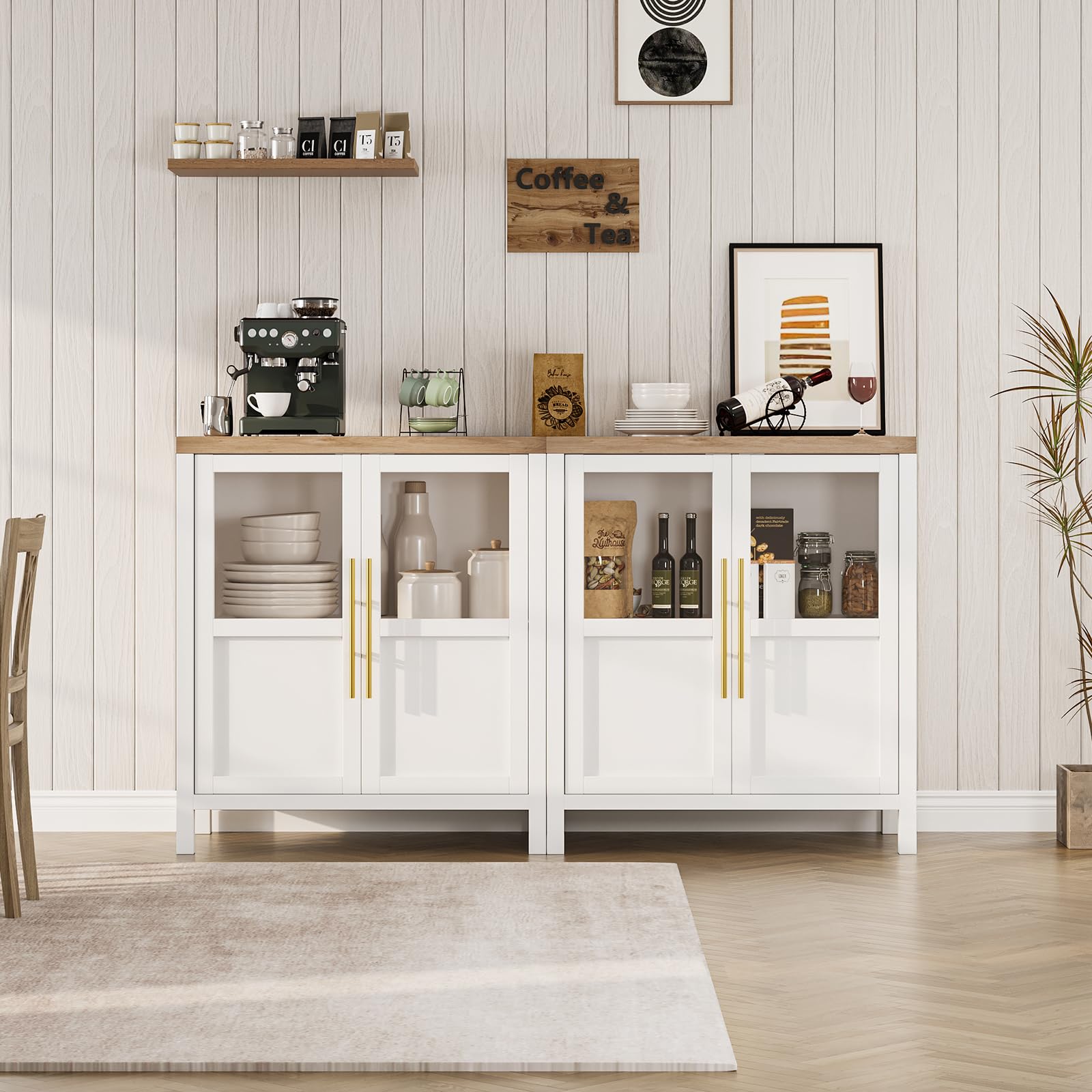 Garvee Sideboard Buffet Cabinet with 2 Glass Doors, 29" Large Buffet Cabinet with Storage, Modern Farmhouse Storage Cabinet Table for Kitchen Dining Room, Living Room (Glass with 2 Door, White)