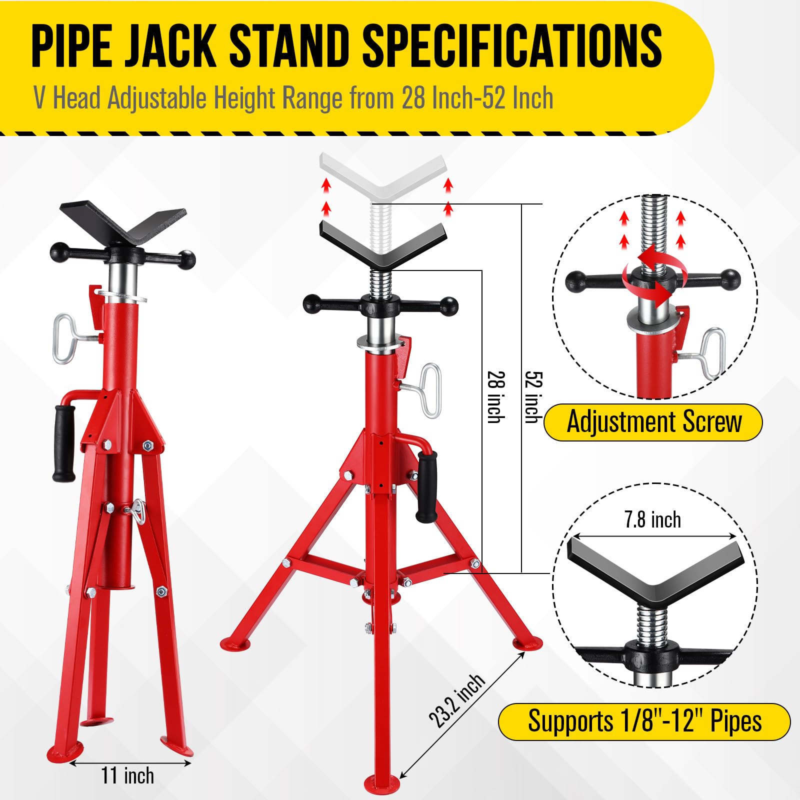 Garvee V Head Pipe Stand 1/8"-12" Capacity,Adjustable Height 28"-52,Pipe Jack Stands 2500 Lb,Portable Folding Pipe Stands, Carbon Steel Body More Durable for Welding, Automotive,Construction Projects