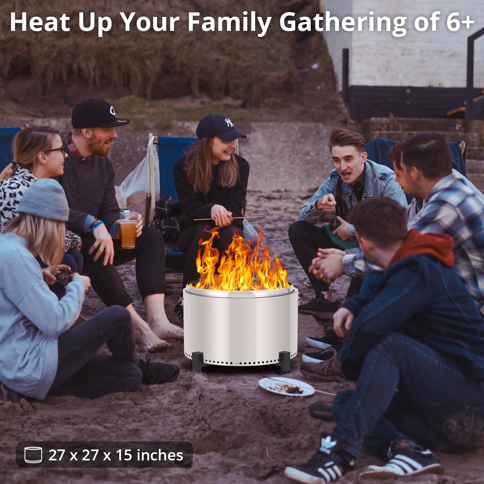 Garvee 27 Inch Smokeless Firepit Outdoor, Stainless Steel Fire Pit with Removable Stand & Ash Pan, Large Portable Outdoor Fire Pit, Smokeless Wood Burning Firepit for Camping Backyard