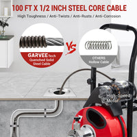 Garvee Auto Feed 100 FT x 1/2 Inch Drain Cleaner Machine with 250W Motor, Portable Sewer Snake Auger with 8 Cutters & Air-activated Foot Switch, Fits 1" to 4" Pipes, Black & Red