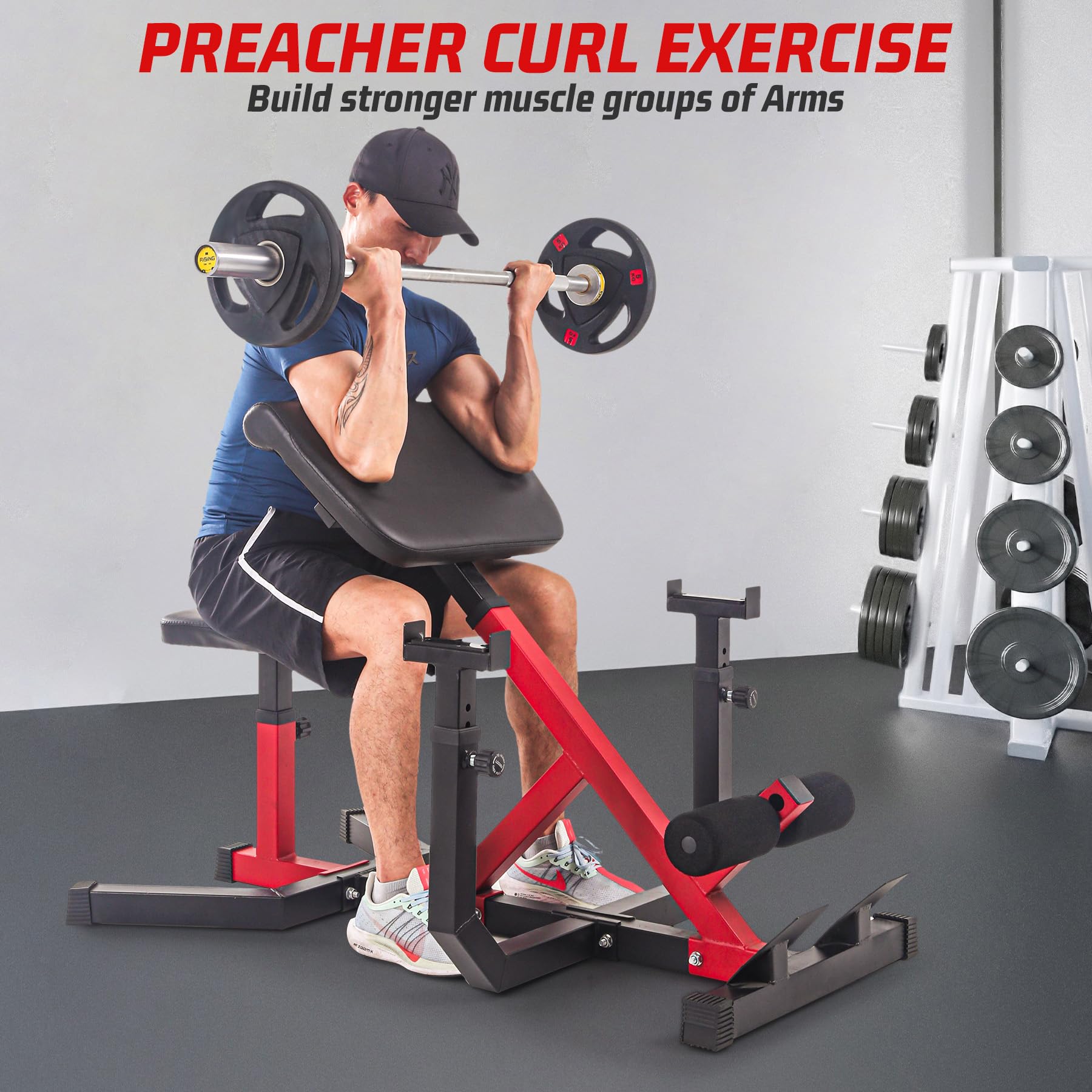 Garvee 2-In-1 Roman Chair & Preacher Curl Bench Multi-Function Heavy-Duty Hyperextension Bench for Home With Adjustable Height for Arms, Ab, Back, Glute & Leg Extension Exercise Equipment, Red