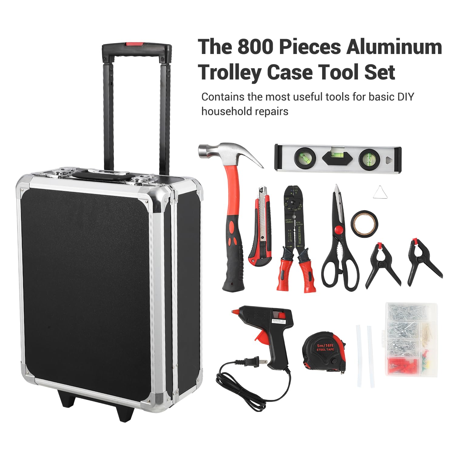 Garvee 800-Piece Tool Kit with Aluminum Trolley Case - Mechanic Rolling Tool Box, Socket Wrench Hand Tools, Household Repair Kit, and Tool Belt