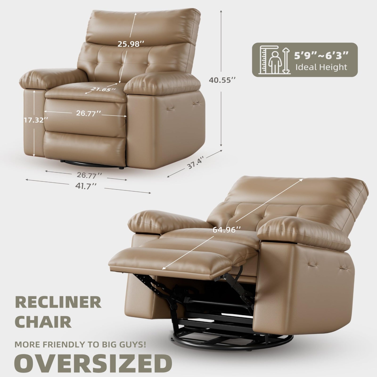 Garvee Oversized Wide Massage Recliner Chair, PU Leather Large Manual Recliner for Adults, Ultimate Comfort Lazy Boy with 1.5X Sponge Filling and Easy Recline Mechanism for Relaxation, Tan