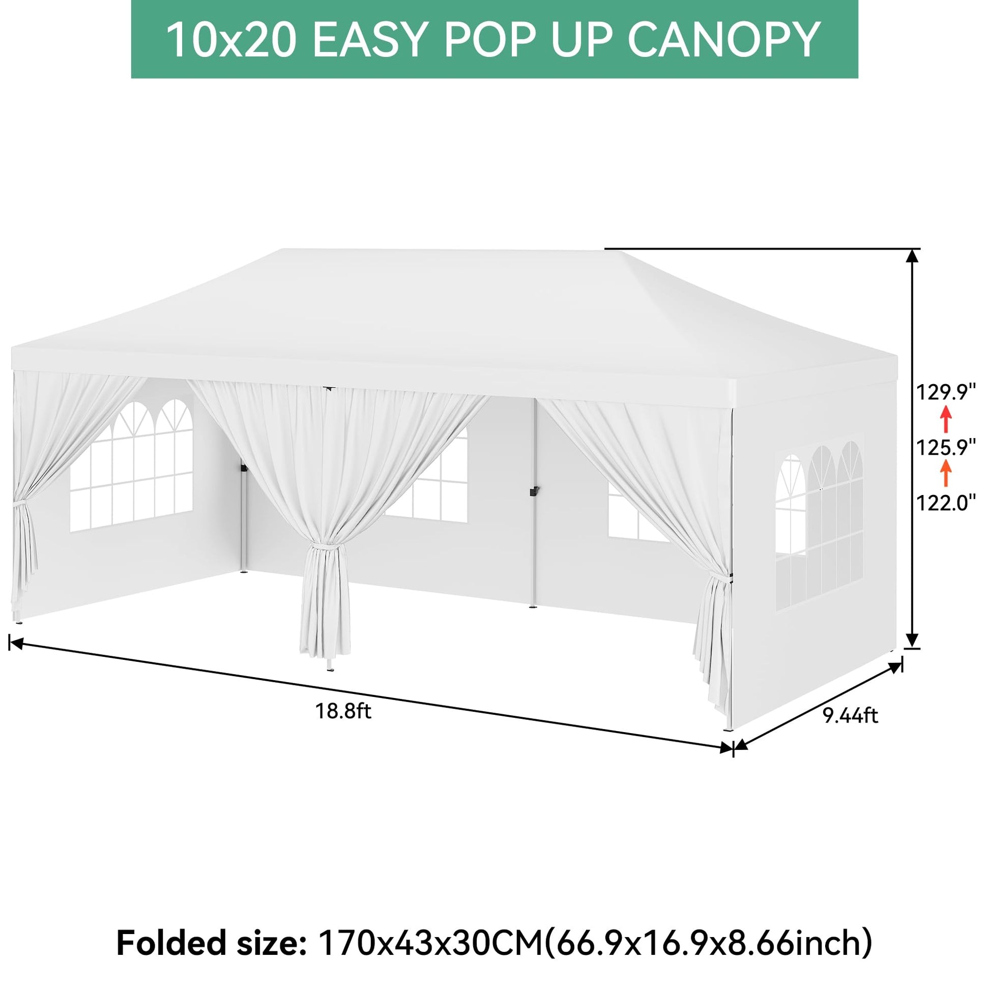 Garvee Upgraded 10x20ft Pop-Up Canopy Tent with 6 Removable Sidewalls - Heavy Duty Commercial Tent for Parties, Roller Bag, Sand Bags & Stakes, White