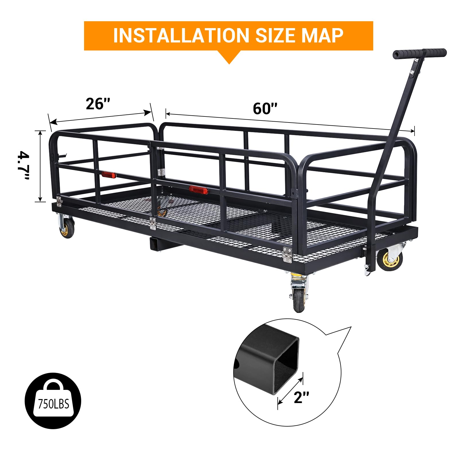 Garvee Hitch-Mounted Cargo Basket, 750 LBS Folding Carrier with Wheels & Handle, Fits 2" Receiver, Heavy Duty Luggage Storage for SUV, RV, Truck, Trailer