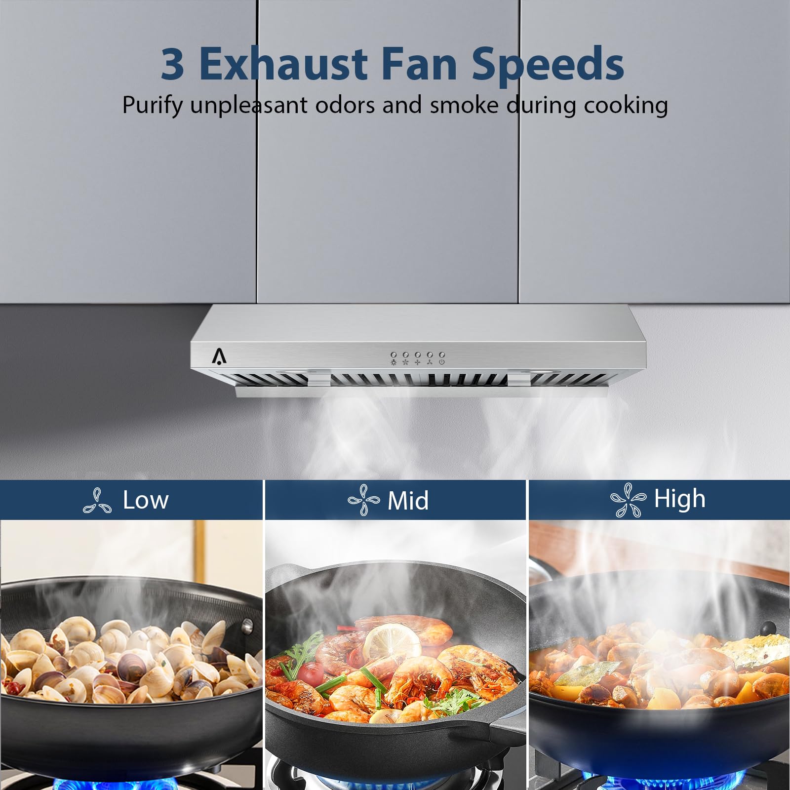 Garvee Range Hood 30 inch, 400 CFM Under Cabinet Range Hood with Strong Suction, Stainless Steel Kitchen Hood with 3-Speed Exhaust Fan and Two Bright LED Lights