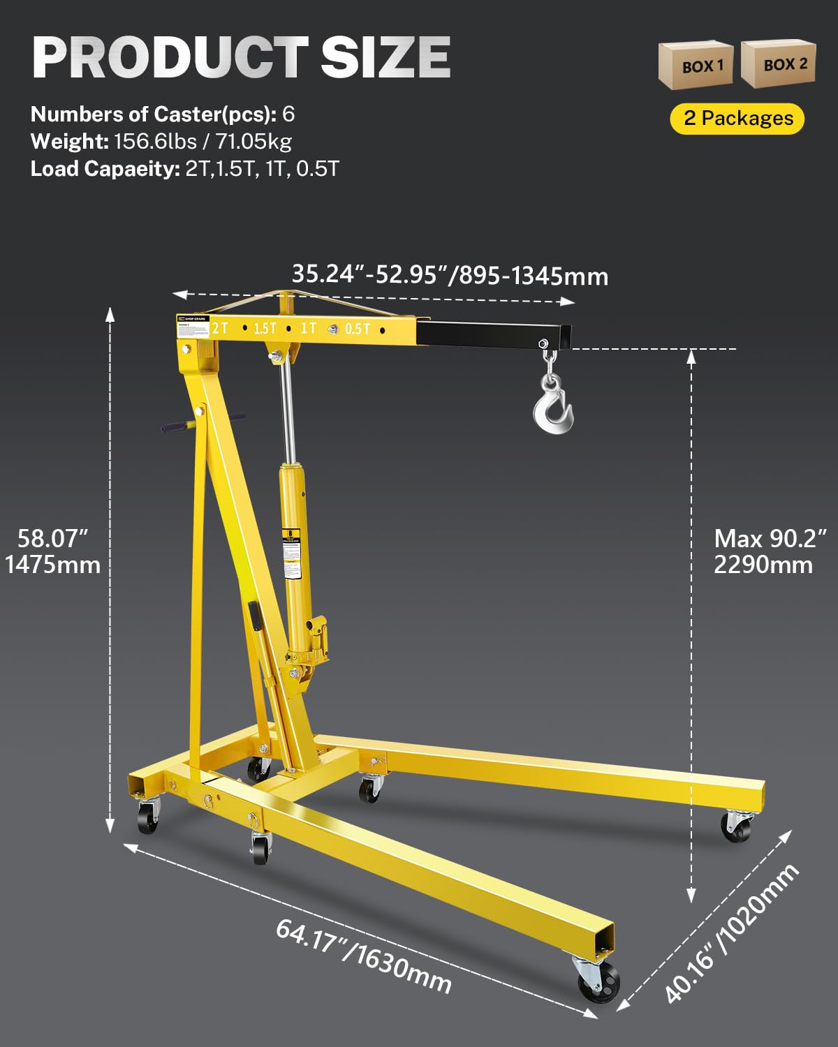 Garvee 2-Ton Folding Engine Hoist Hydraulic Crane with 6 Swivel Wheels Adjustable Boom Reinforced Steel Rust-Resistant Portable Garage Workshop Yellow