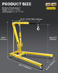 Garvee 2-Ton Folding Engine Hoist Hydraulic Crane with 6 Swivel Wheels Adjustable Boom Reinforced Steel Rust-Resistant Portable Garage Workshop Yellow