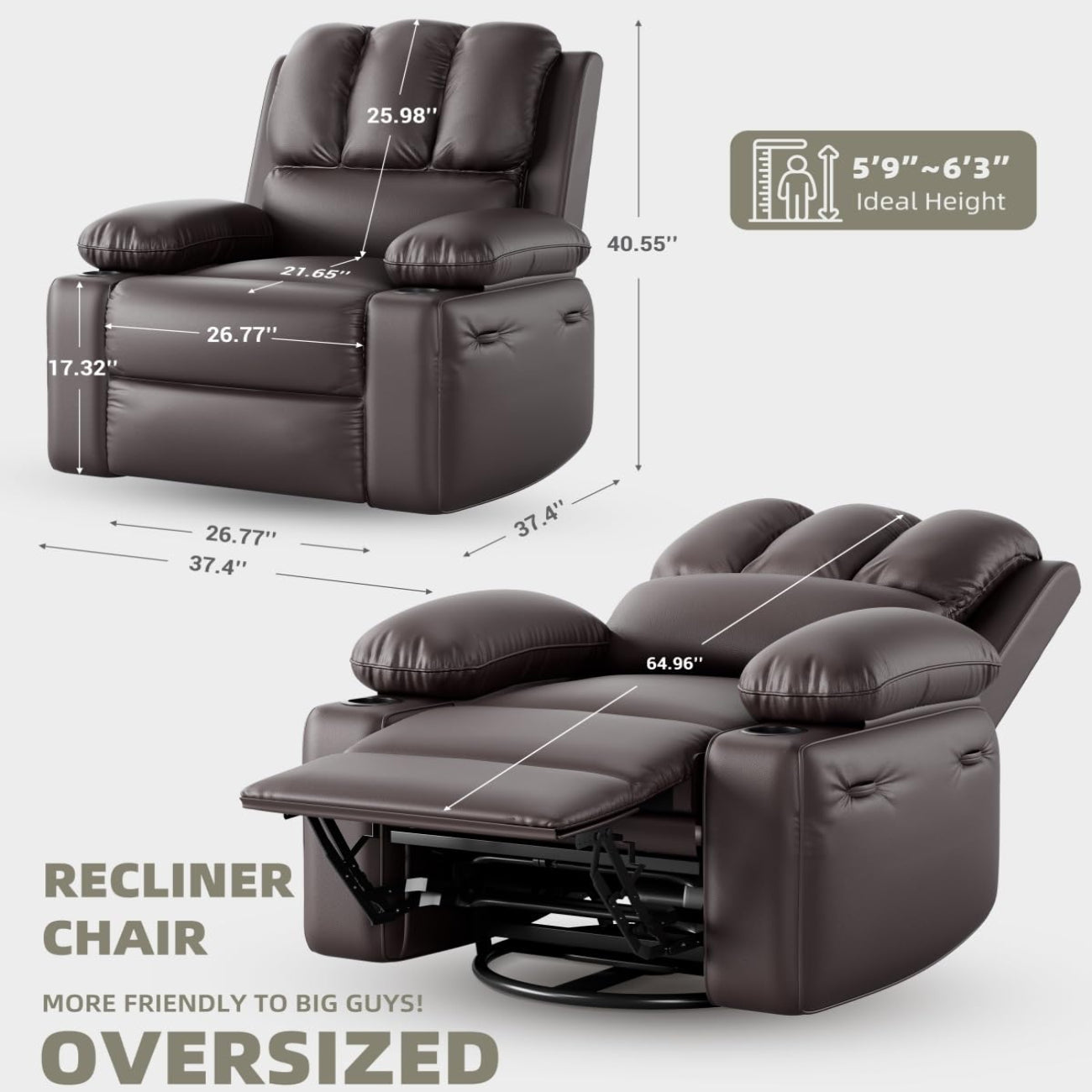 Garvee Oversized 27" Recliner Chairs with Heat and Massage, 360° Swivel Lazy Boy Recliner Chair for Adults, Manual Rocking Chair with Cup Holder for Living Rooms, Bedrooms and Nurseries, Coffee