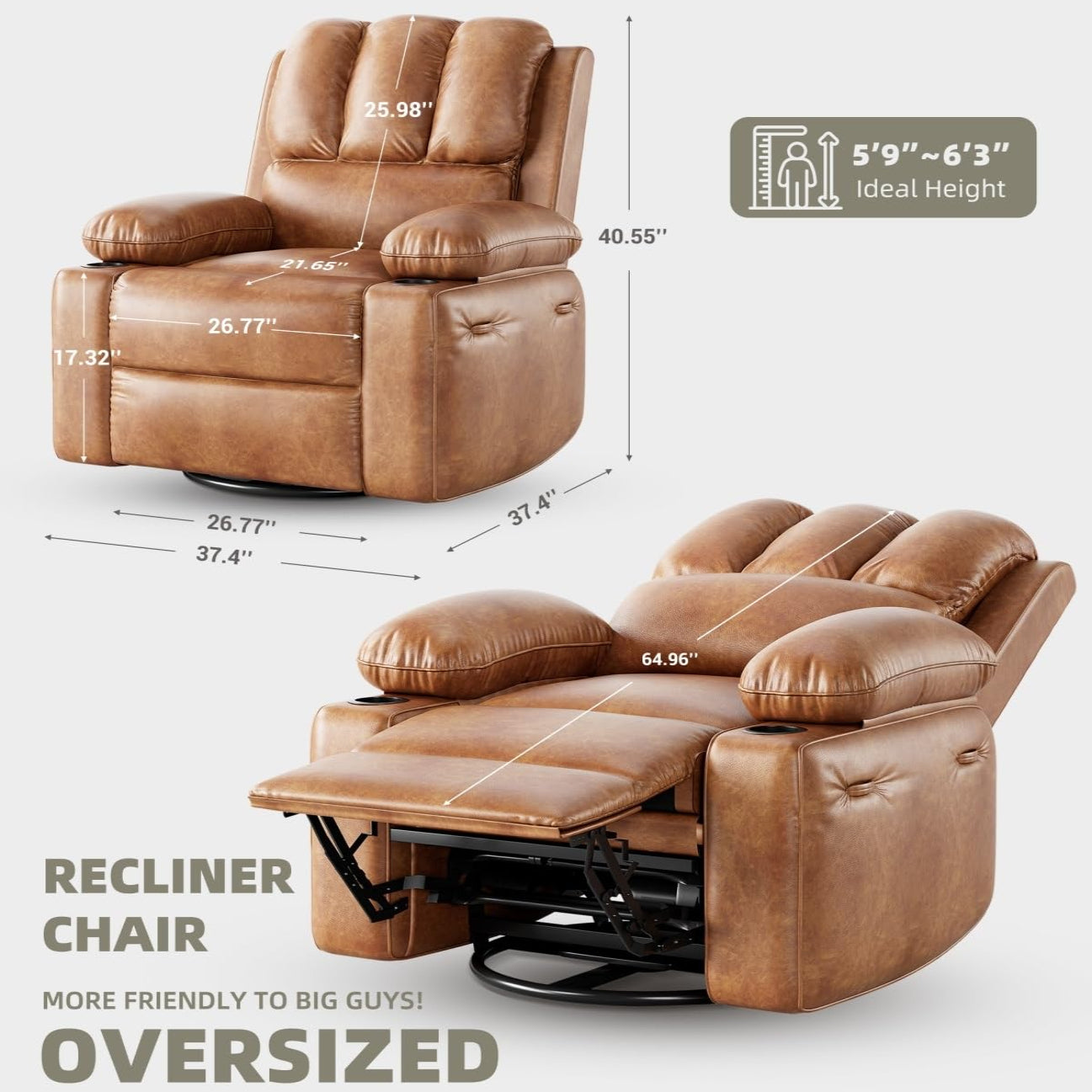 Garvee Oversized 27" Recliner Chairs with Heat and Massage, 360° Swivel Lazy Boy Recliner Chair for Adults, Manual Rocking Chair with Cup Holder for Living Rooms, Bedrooms and Nurseries, Retro Brown