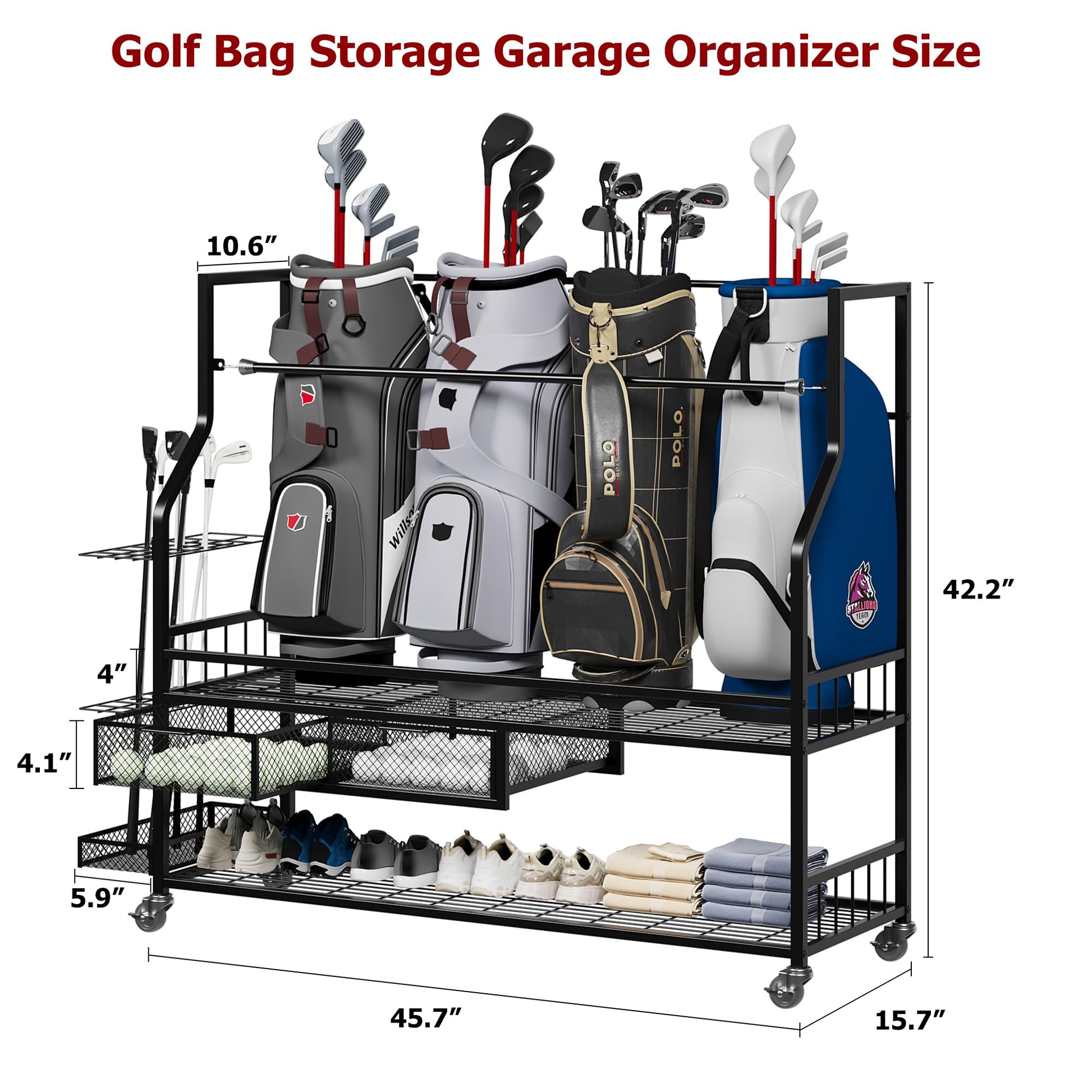 Garvee Golf Bag Storage Garage Organizer,Golf Bag Storage Rack w/Drawer for Golfing Bags, Clubs, Balls, Gadgets, Accessories & Equipment,Golf Bag Stand w/Wheels for Home, Golf Course
