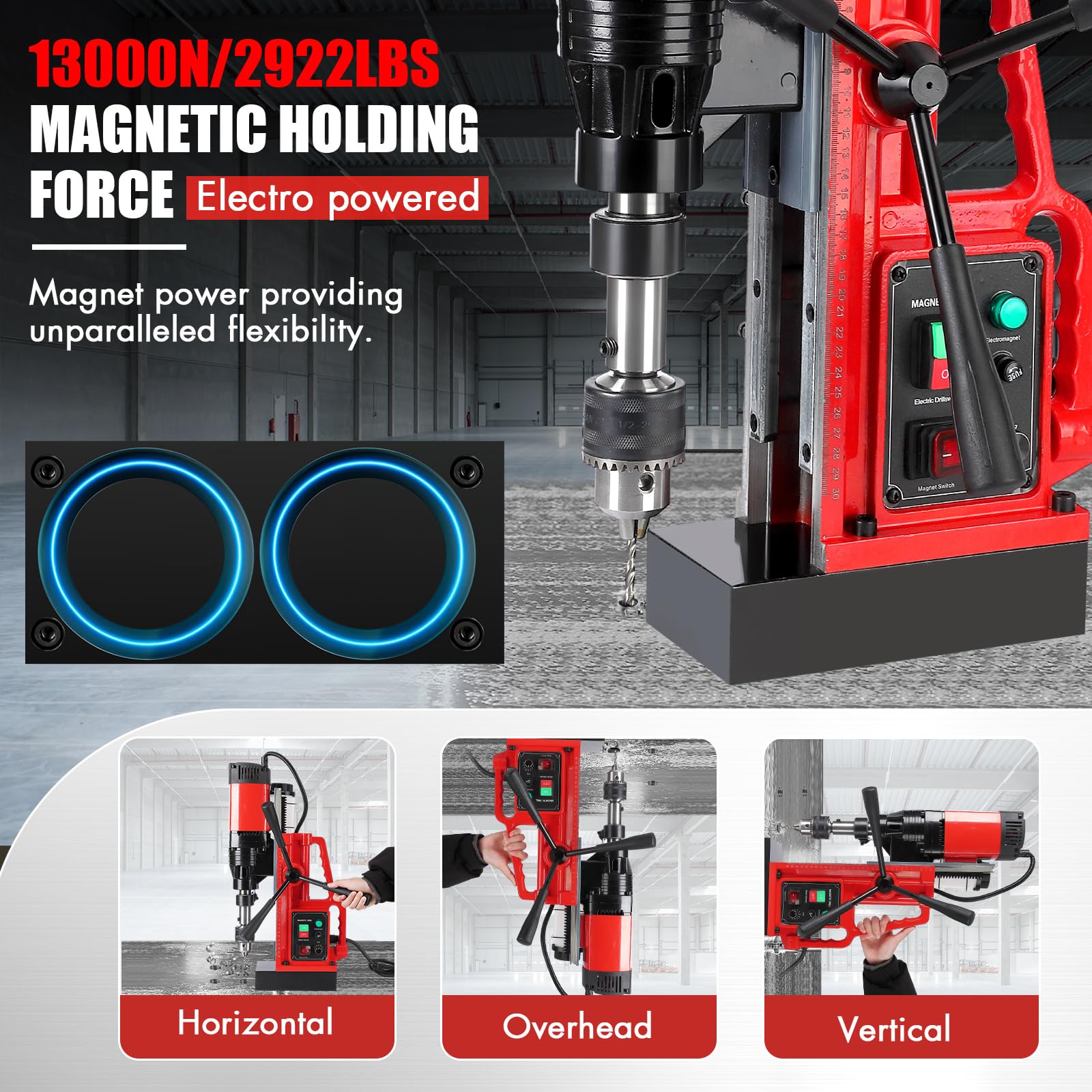 Garvee Magnetic Drill, 1100W 550RPM Portable Magnetic Drill Press, 1.57in Boring Diameter, 12Pcs Drill Bits Electric Drilling Machine for Metal Surface, Industrial and Home Improvement 500RPM