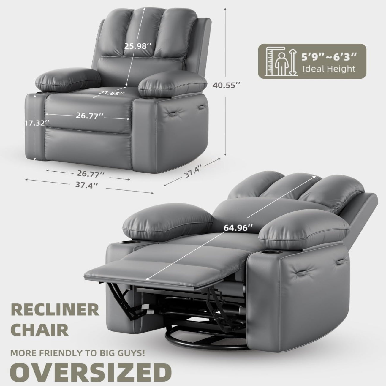 Garvee Oversized 27" Recliner Chairs with Heat and Massage, 360° Swivel Lazy Boy Recliner Chair for Adults, Manual Rocking Chair with Cup Holder for Living Rooms, Bedrooms and Nurseries, Gray