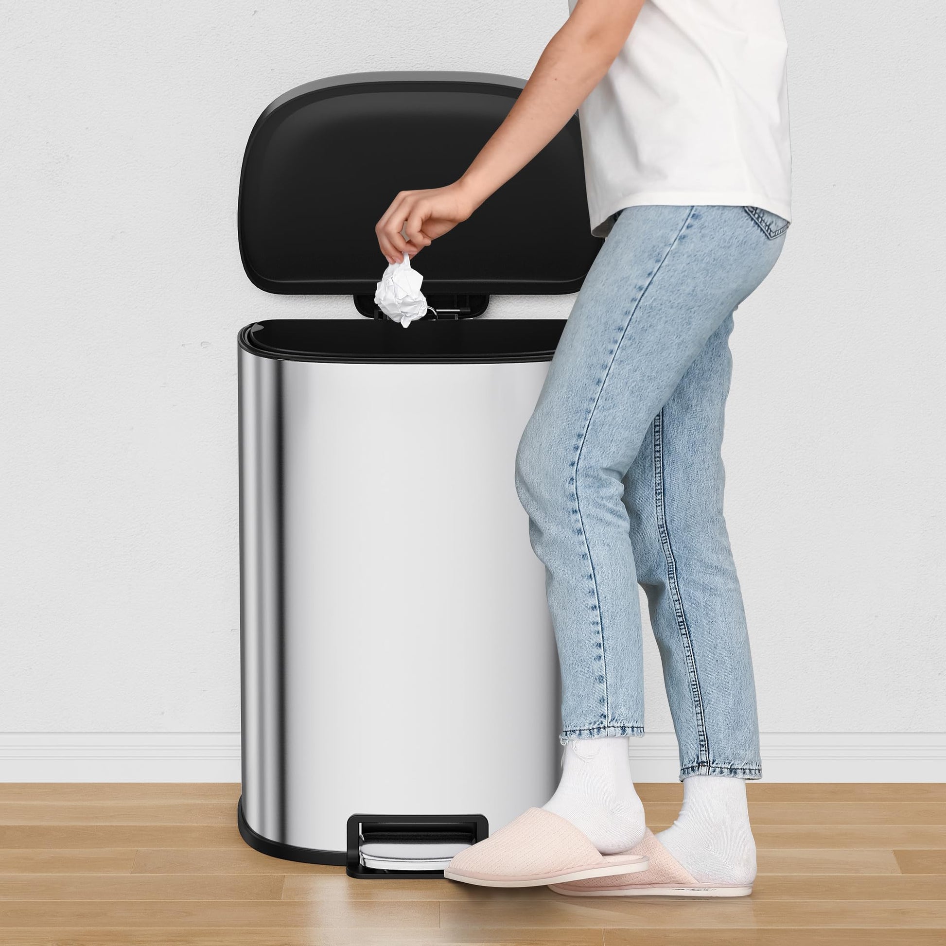 Garvee D-Shape Kitchen Trash Can 50L/13.2 Gal, Smudge Resistant Step-On Garbage Can with Lid, Stainless Steel Trash Bin with Removable Buckets, Soft-Close Lid