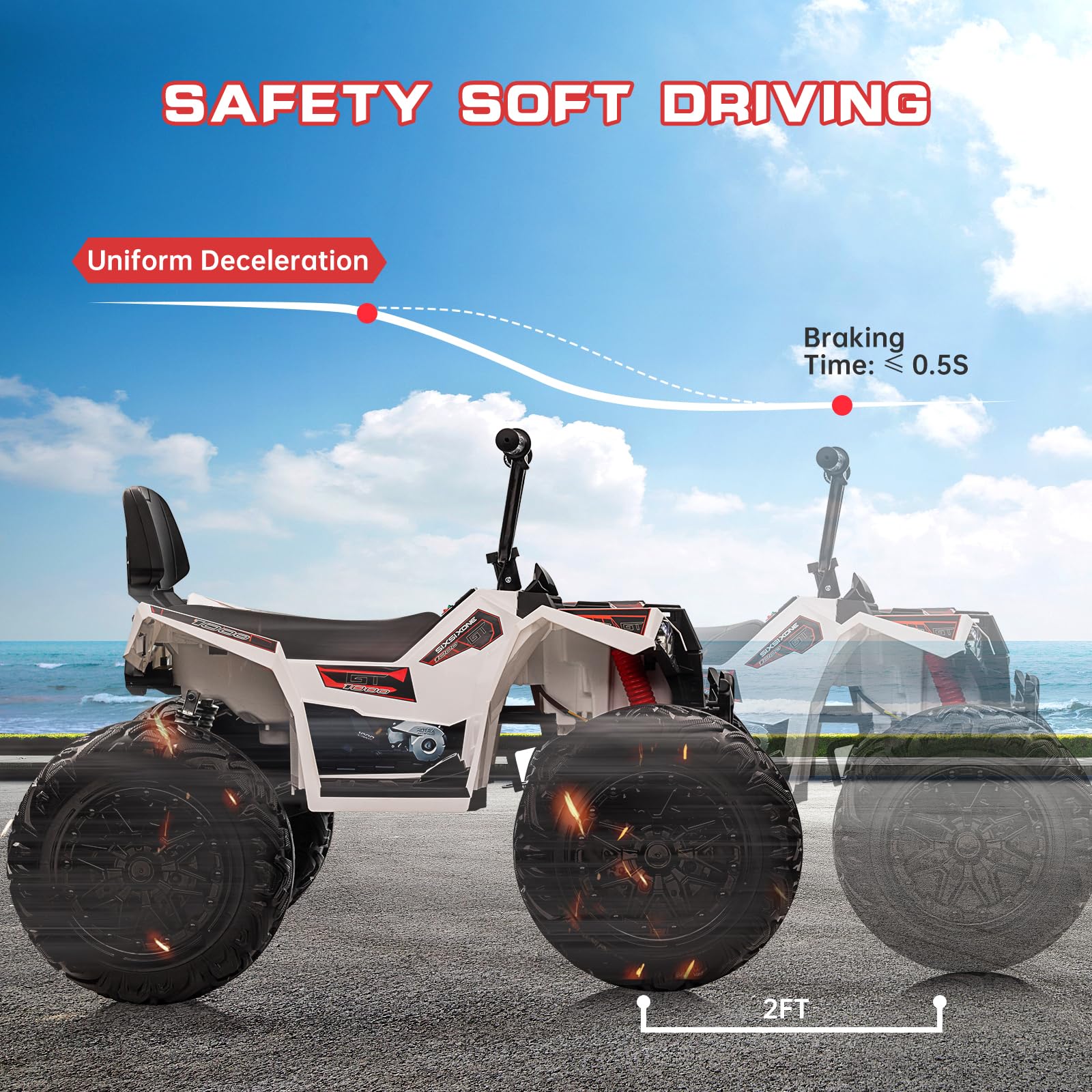 Garvee Ride - P Series: 24V Kids Quad ATV, Ride on Car 4WD Quad Electric Vehicle, 4x80W Powerful Engine, with 7AHx2 Large Battery, Accelerator Handle, EVA Tire, Full Metal Suspension, LED Light, Bluetooth&Music - White