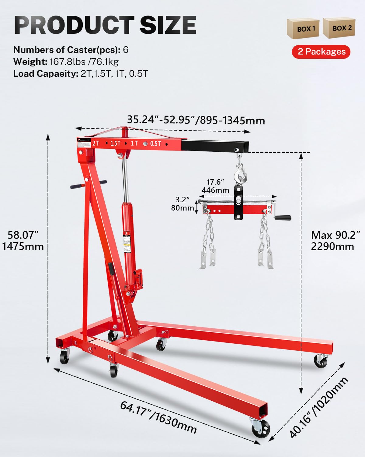 Garvee 2-Ton Hydraulic Engine Hoist Crane with 6-Wheel Stability, Folding Design, Military-Grade Steel, Locking Brakes, Adjustable Boom - Garage & Workshop, Red