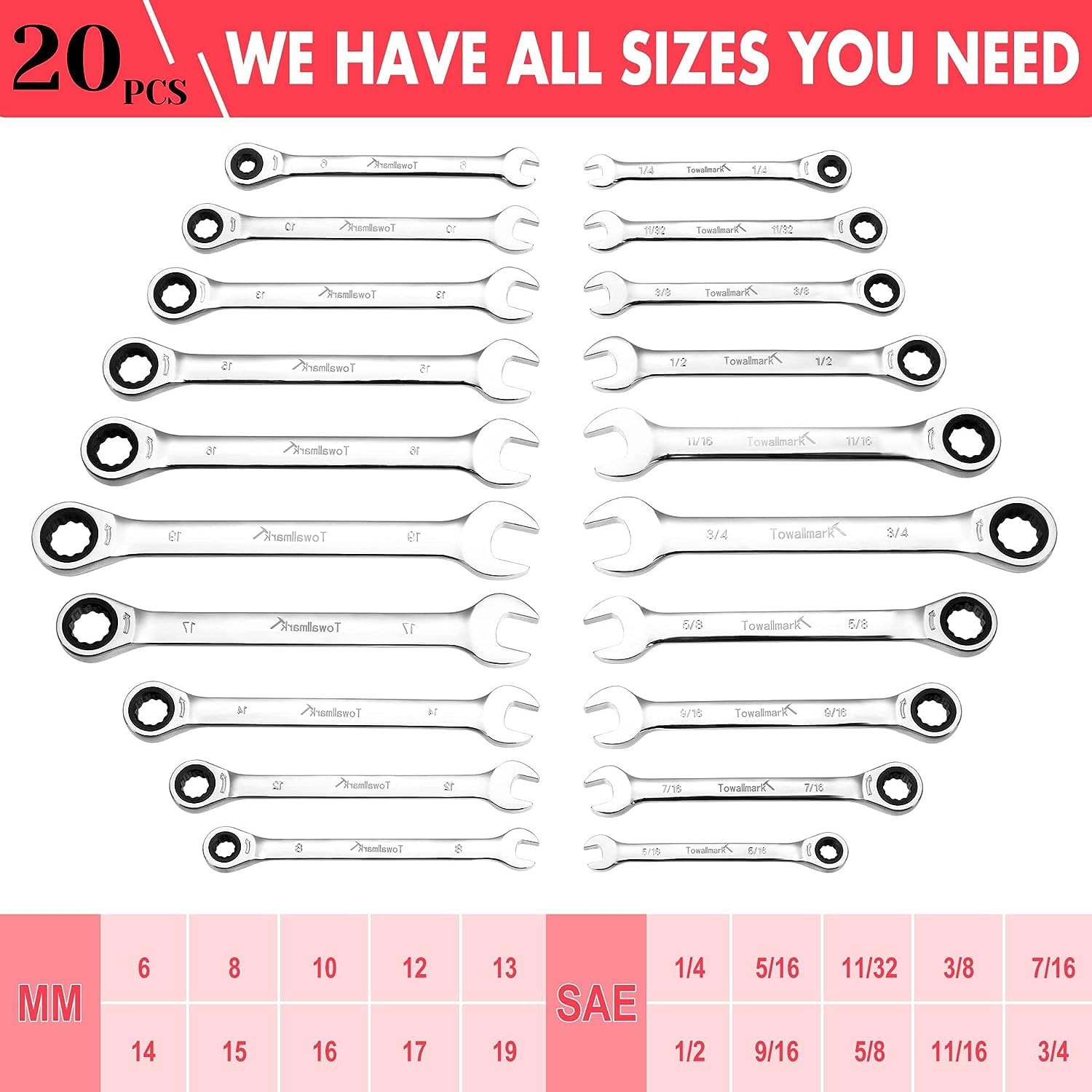 Garvee 20-Piece Ratcheting Combination Wrench Set, Fixed Head &72 Teeth, SAE 1/4-3/4"& Metric 6-19mm, Chrome Vanadium Steel with Storage Bag - 20-Piece Fixed Head SAE/Metric
