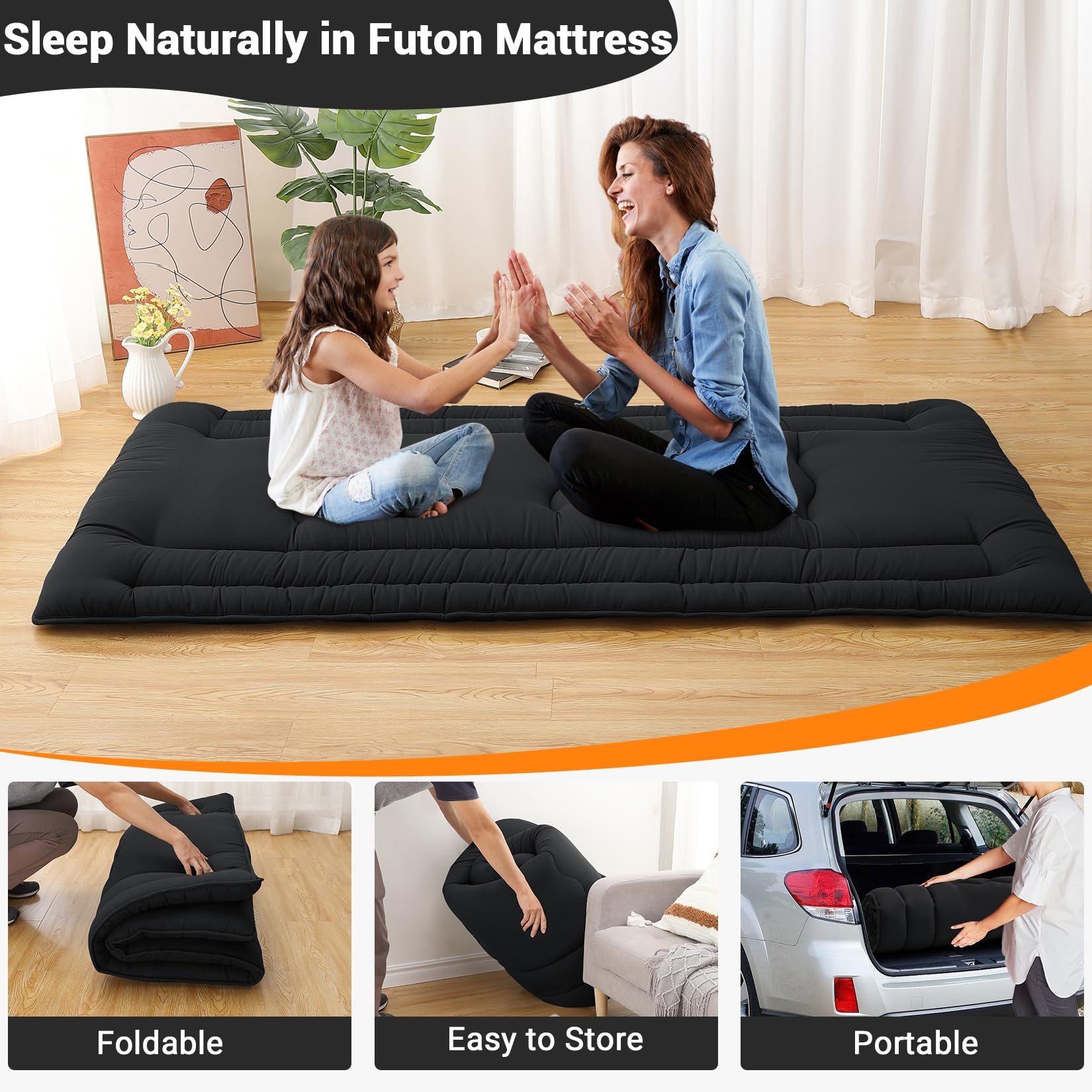 Garvee Futon Mattress Full Size, Foldable Sleeping Mattress Tatami Mattress for Adults, Roll Up Japanese Style Floor Bed Dormitory Floor Mattress for Rv Travel Camping, Black