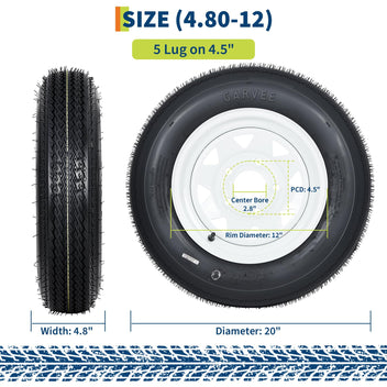 Garvee 4.80-12 Trailer Tire and Wheel Assembly, Heavy-Duty Load Range C, 12 Inch White Modular Wheel for Utility Boat Camper Trailers, Set of 2