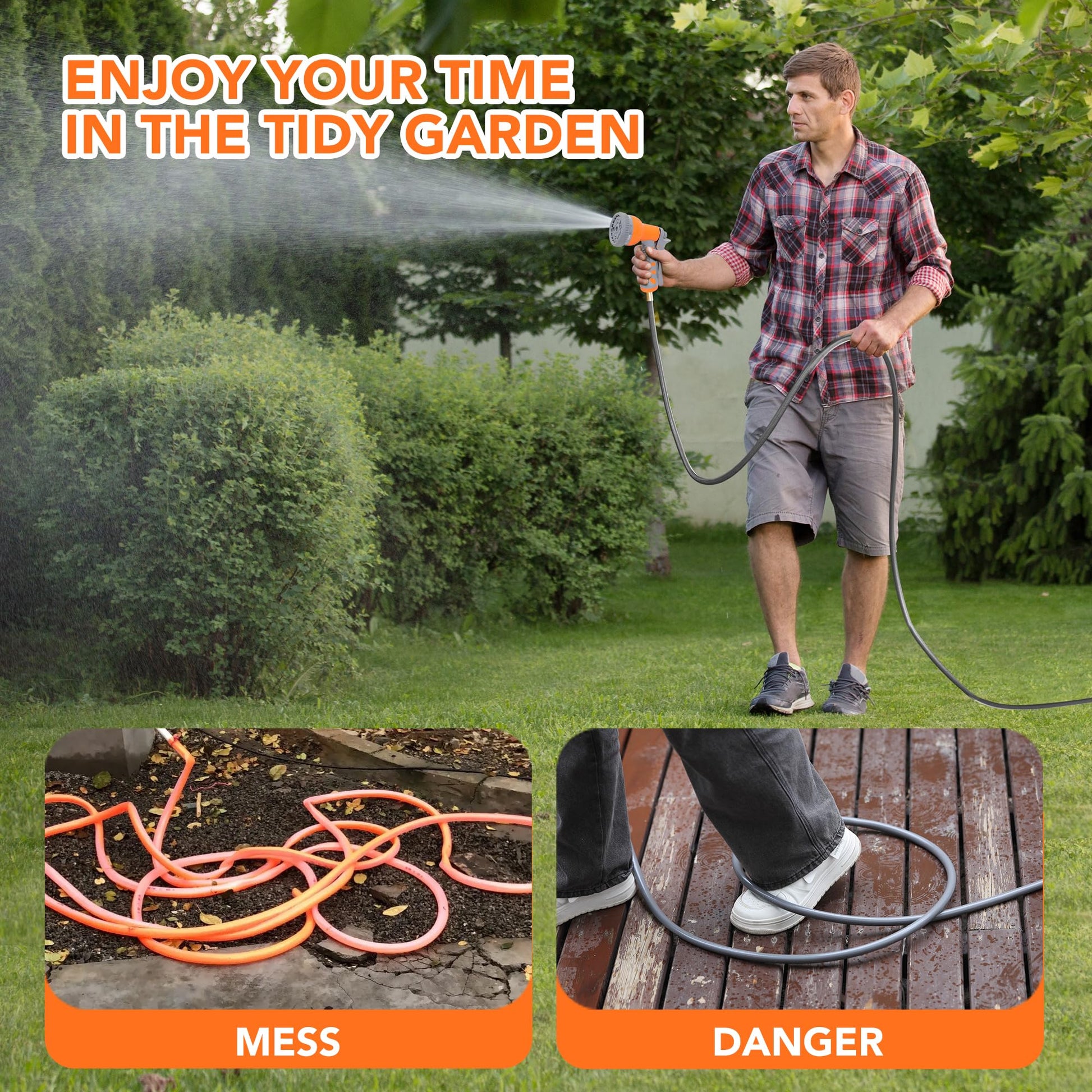 Garvee wall mounted garden hose reel with 9-pattern nozzle, brass fittings, and 3-layer PVC hose