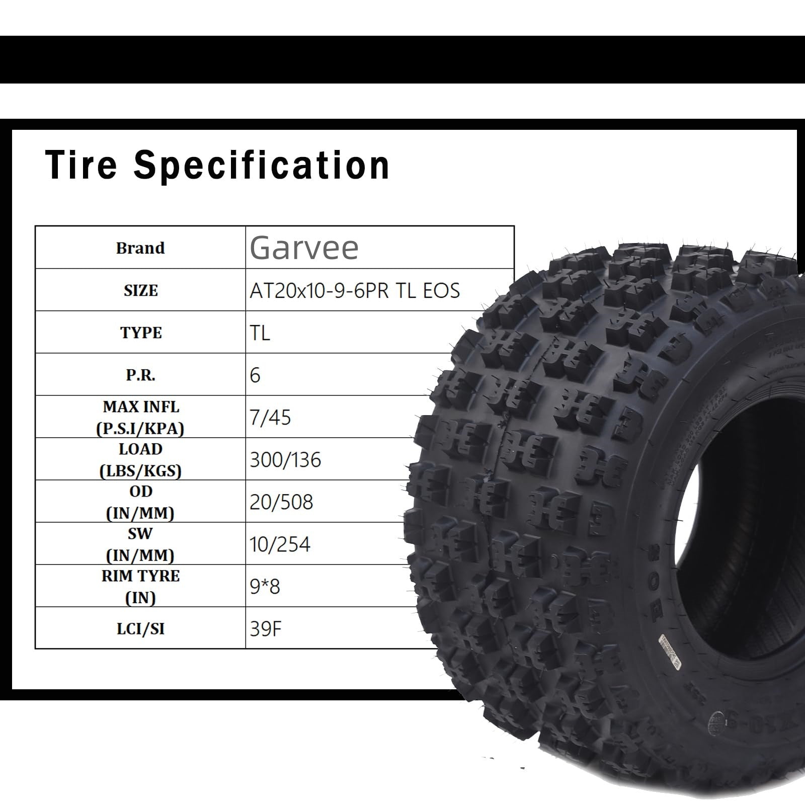Garvee AT20x10-9-6PR TL EOS Garvee Atv Tires, AT20x10-9-6PR Compatible for