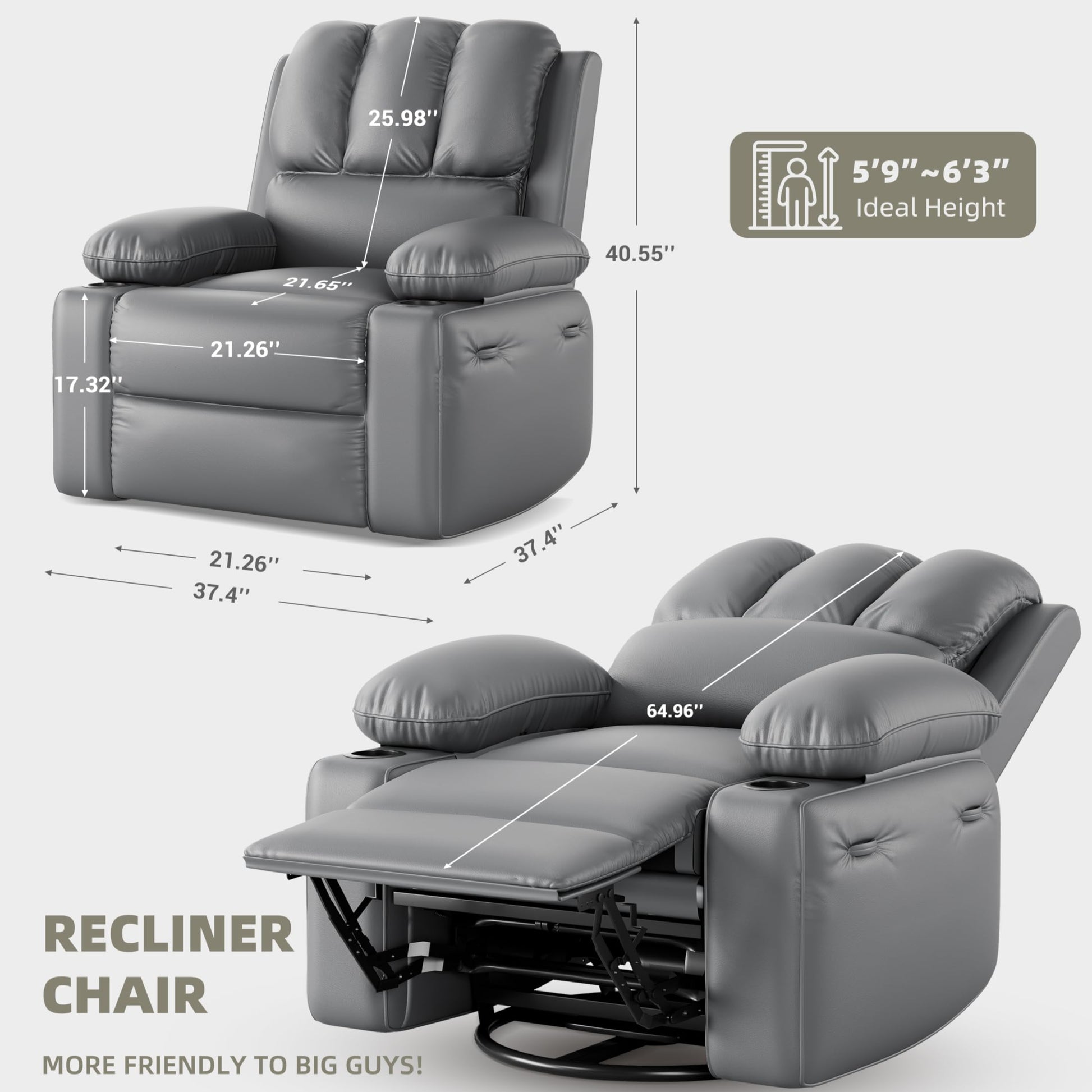 Garvee 22" Widen Rocker Swivel Recliner Chair, Lazy Boy Recliner for Adults, with 1.5X Sponge Filling, Side Pocket, and Cup Holder, for Living Room, Bedroom, and Nursery, Grey