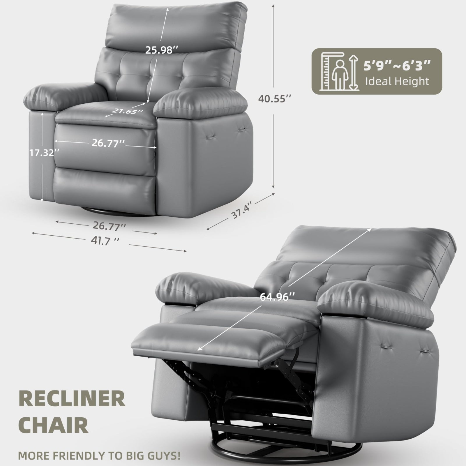 Garvee Oversized Wide Massage Recliner Chair, PU Leather Large Manual Recliner for Adults, Ultimate Comfort Lazy Boy with 1.5X Sponge Filling and Easy Recline Mechanism for Relaxation, Grey