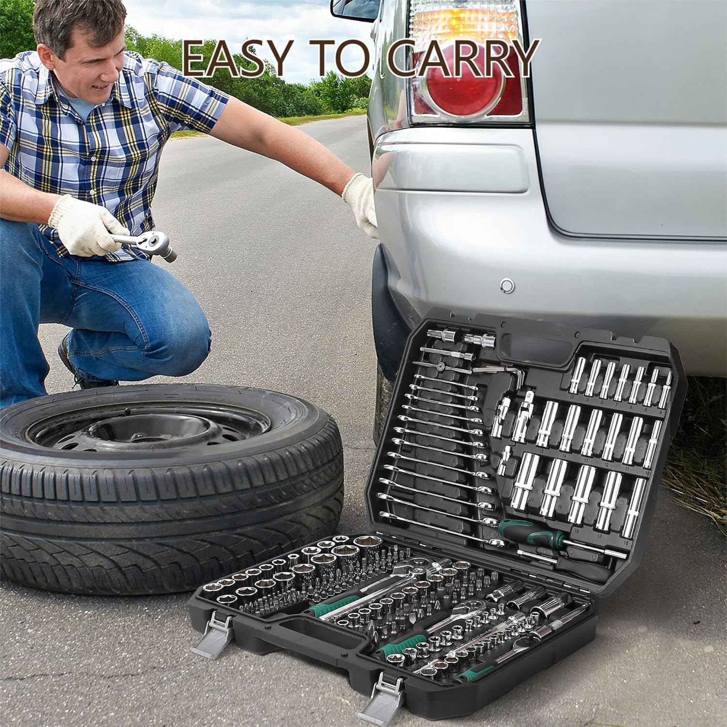 Garvee Mechanics Tool Set 216-Piece SAE/Metric Socket & Wrench Kit Durable Rolling Tool Box Portable for Automotive Repair DIY