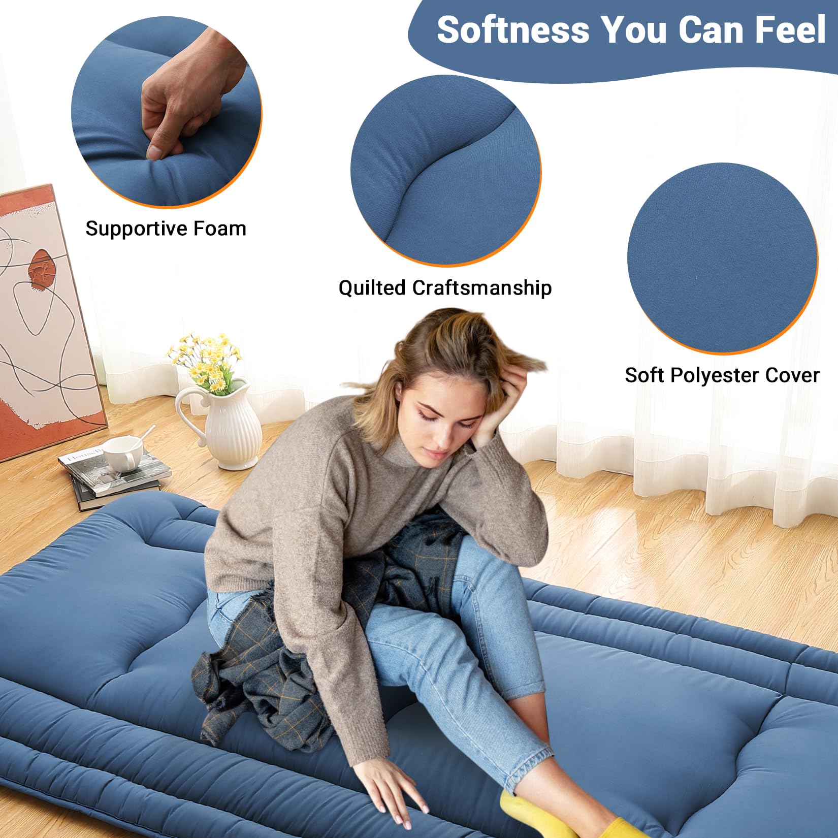 Garvee Twin Size Futon Mattress, Japanese Floor Mattress Floor Bed for Kids Adults Roll Up Sleeping Mattress, Tatami Mat Dorm Floor Mattress Pad for Easy Storage, Navy Blue