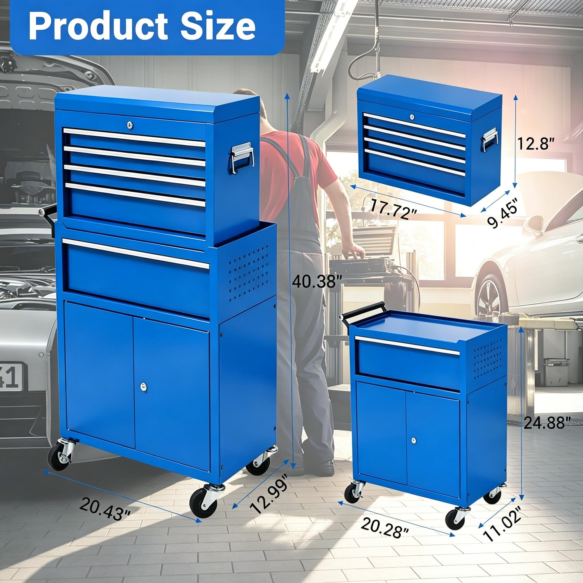Garvee 20 Inch Heavy-Duty Tool Chest with 5 Drawers, Rolling Tool Box Cabinet on Wheels, 2-in-1 Detachable Tool Storage Organizer for Garage, Workshop, and Home Improvement, Locking Steel Tool Cart with Top Tool Box, Blue