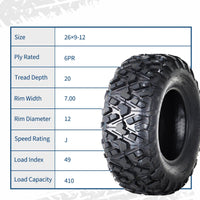 Garvee 26X9.00-12 ATV Tires 6PR Durable Rubber Off-Road Grip Reinforced Sidewalls All-Terrain Utility Vehicle