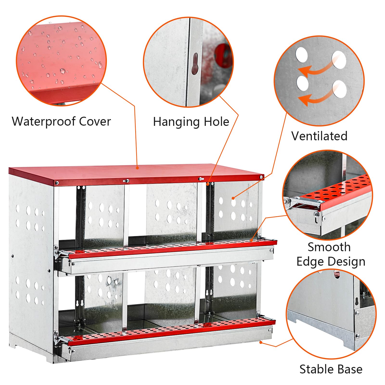 Garvee Nesting Boxes for Chickens, 6 Compartment Roll Out Away Chicken Nesting Boxes for Laying Eggs, Nesting Gift Boxes for Hens Duck Poultry, Metal Heavy Duty Chicken Coop with Perch