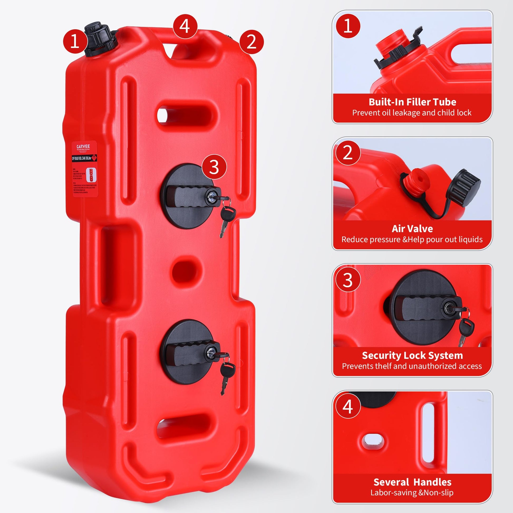 Garvee Secure 30L Portable Gas Tank with Locking Mounting Bracket – Heavy-Duty HDPE Fuel Container for Car, Motorcycle, ATV, UTV, Off-Road – Key Lock, U-Bolt for 1" Tube – US Market, 2 Gallon Compatible, Lockable